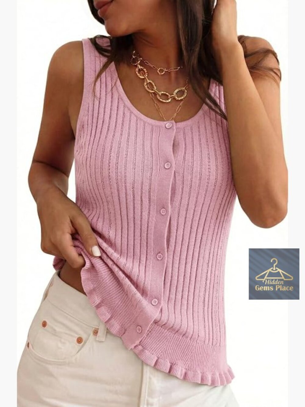 100% Cotton Sleeveless Tank Top Ruffle Hem Sweater Vest Cruise Wear
